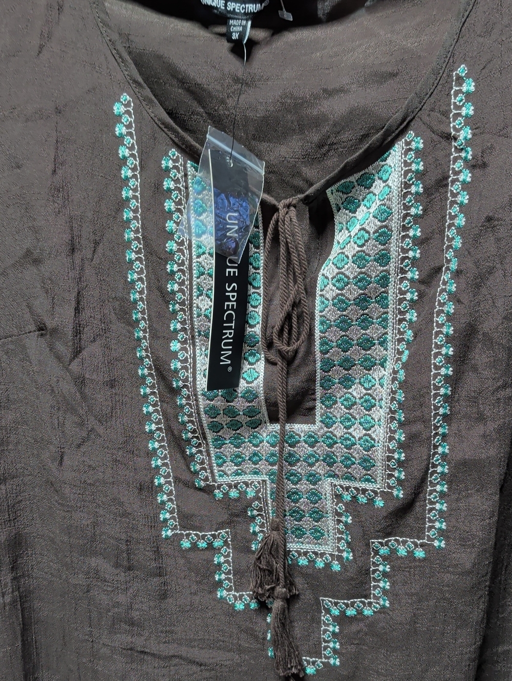 Unique Spectrum Women's Brown Tunic with Teal Embroidery